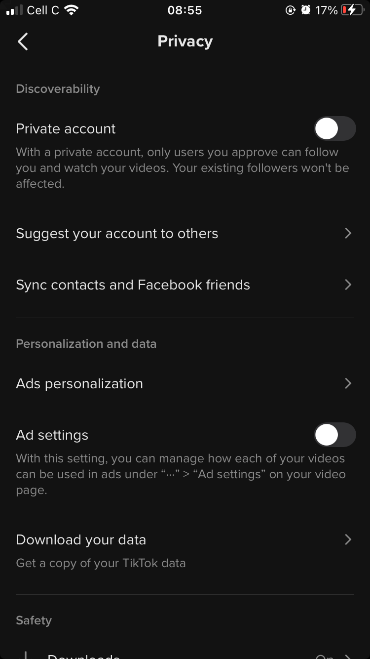 screenshot of tiktok privacy settings