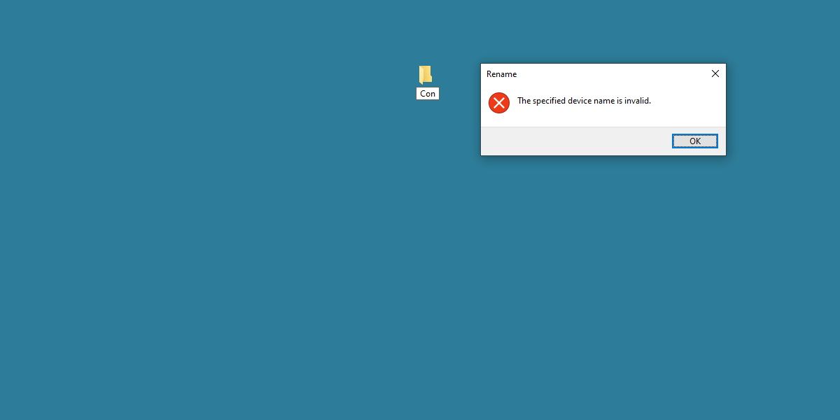screenshot of windows 10 failing to name a folder con
