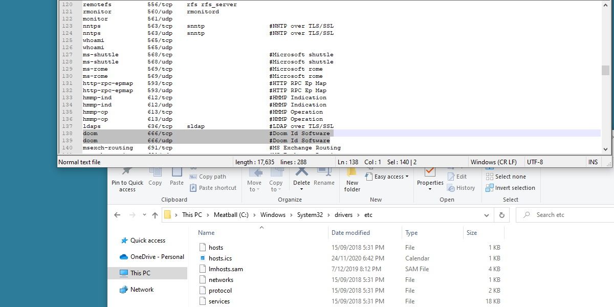 screenshot of the services file in windows 10 showing a port reserved for doom