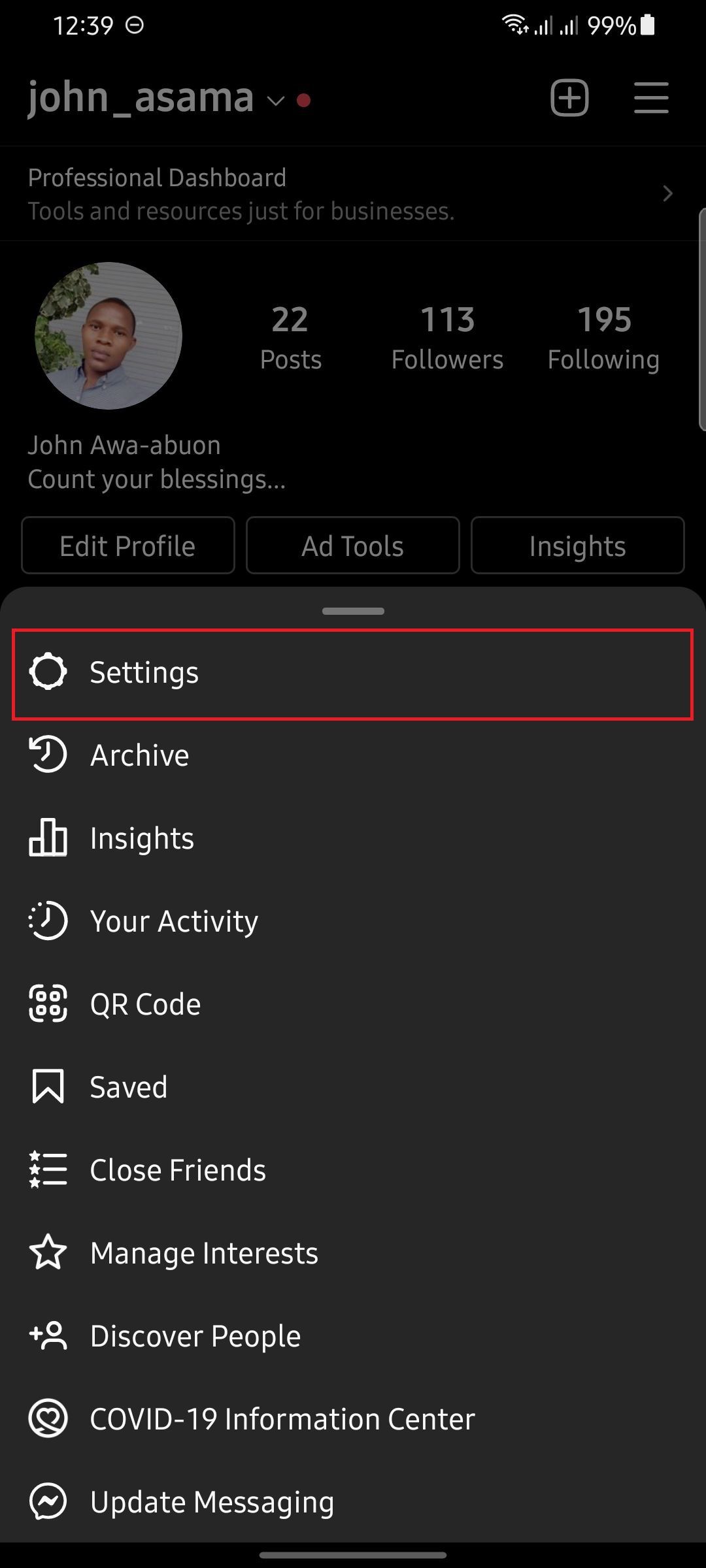 screenshot showing Instagram profile menu