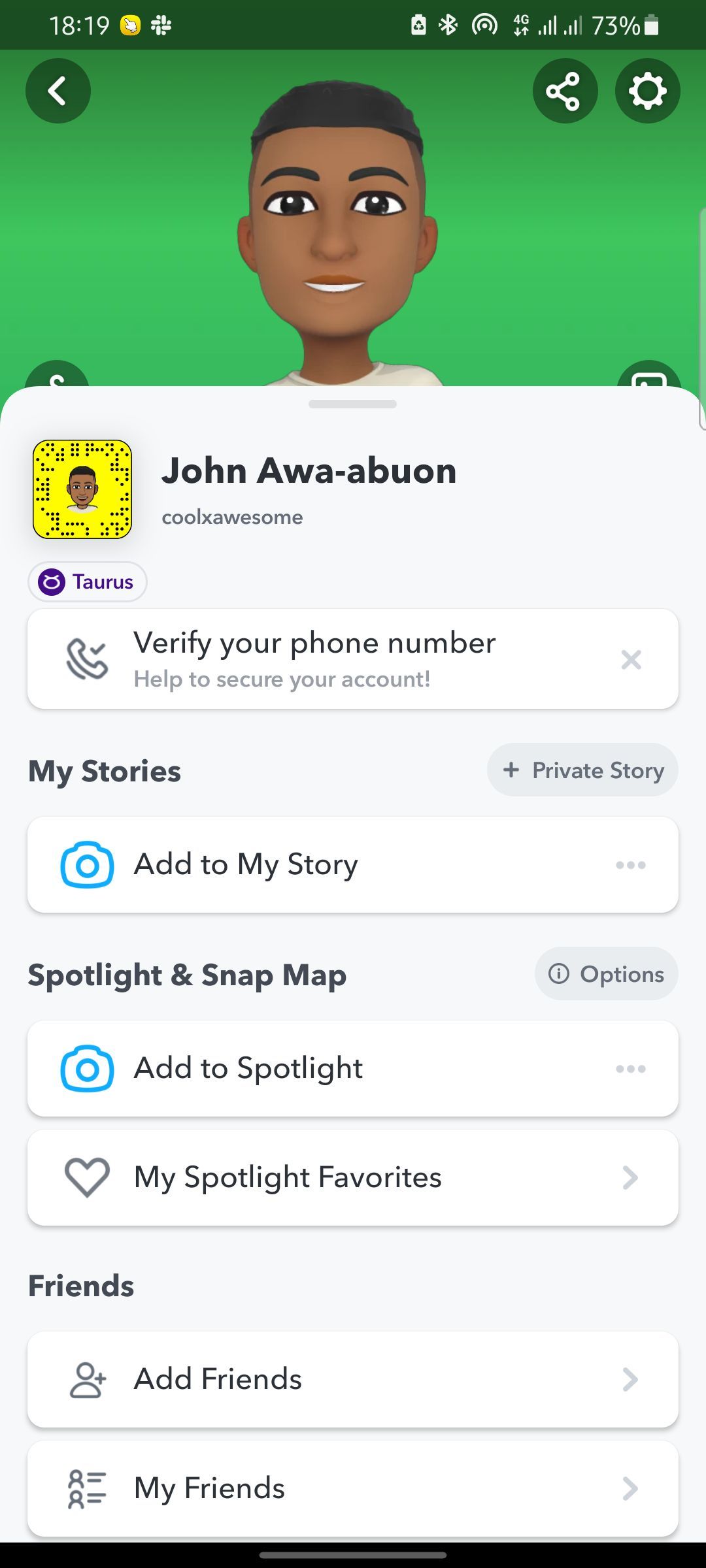 screenshot showing Snapchats profile page