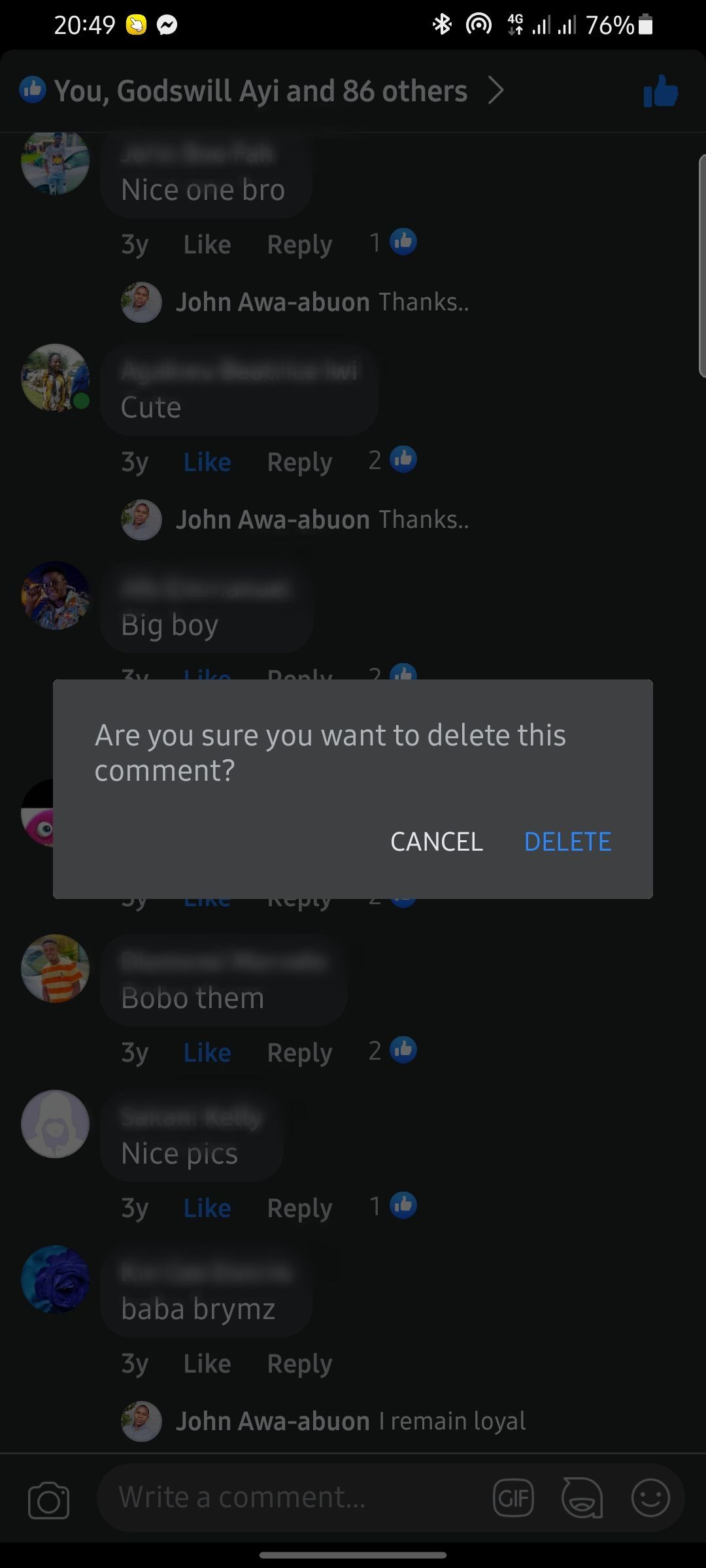 screenshot showing how to confirm comment deletion on facebook mobile