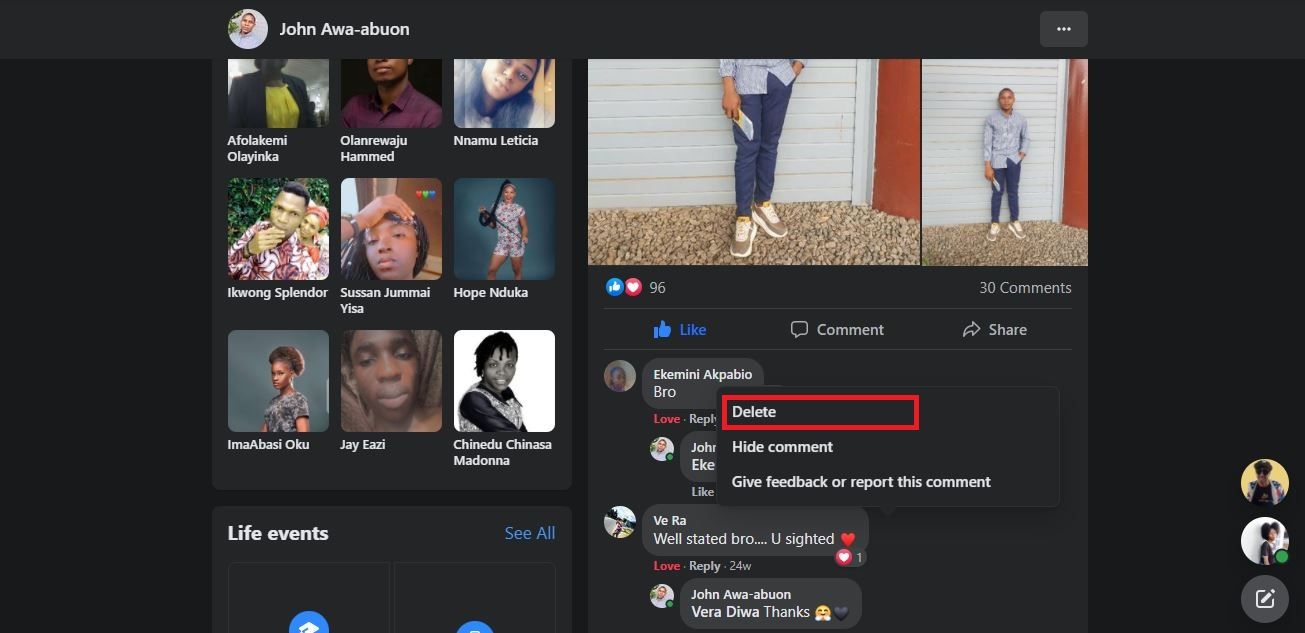 screenshot showing how to delete comment on facebook desktop