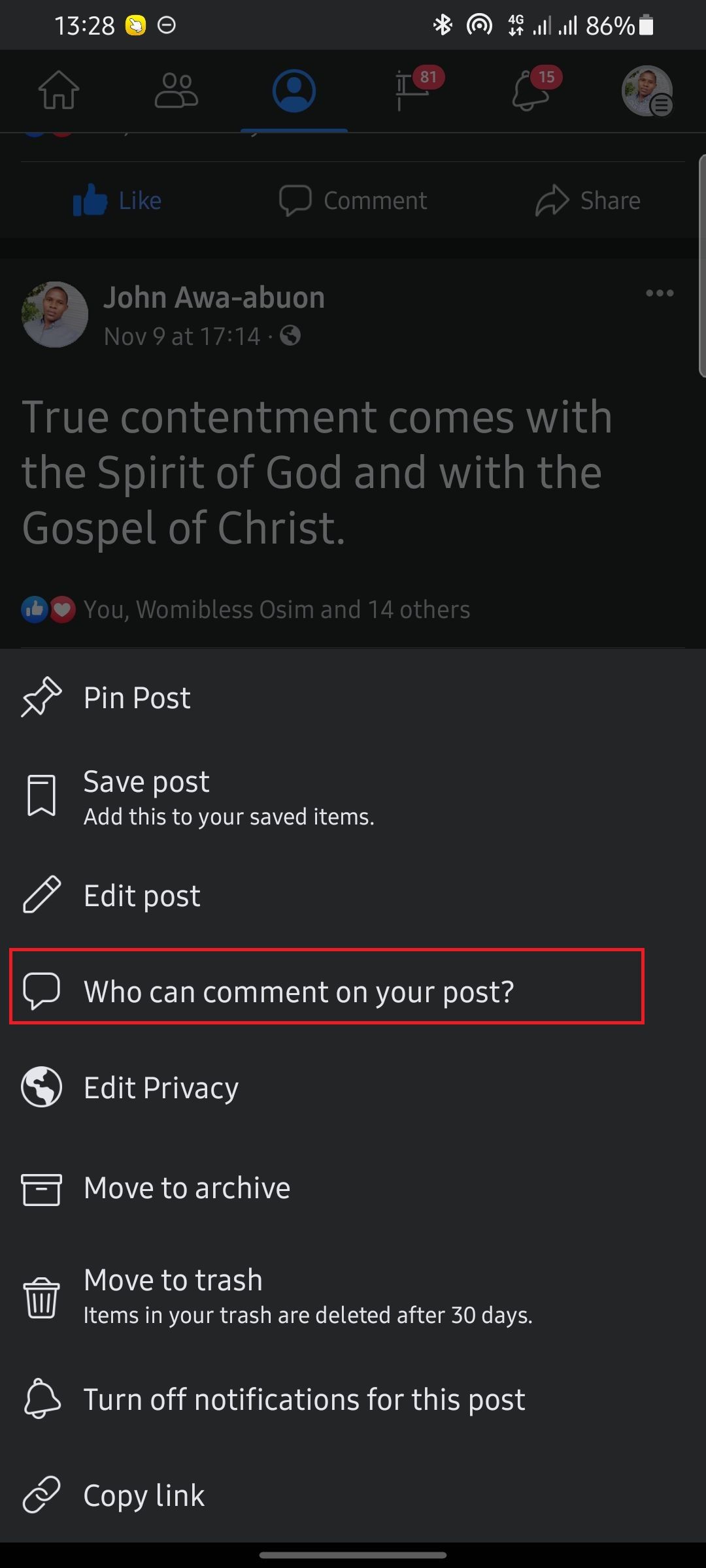 screenshot showing how to manage facebook post comments