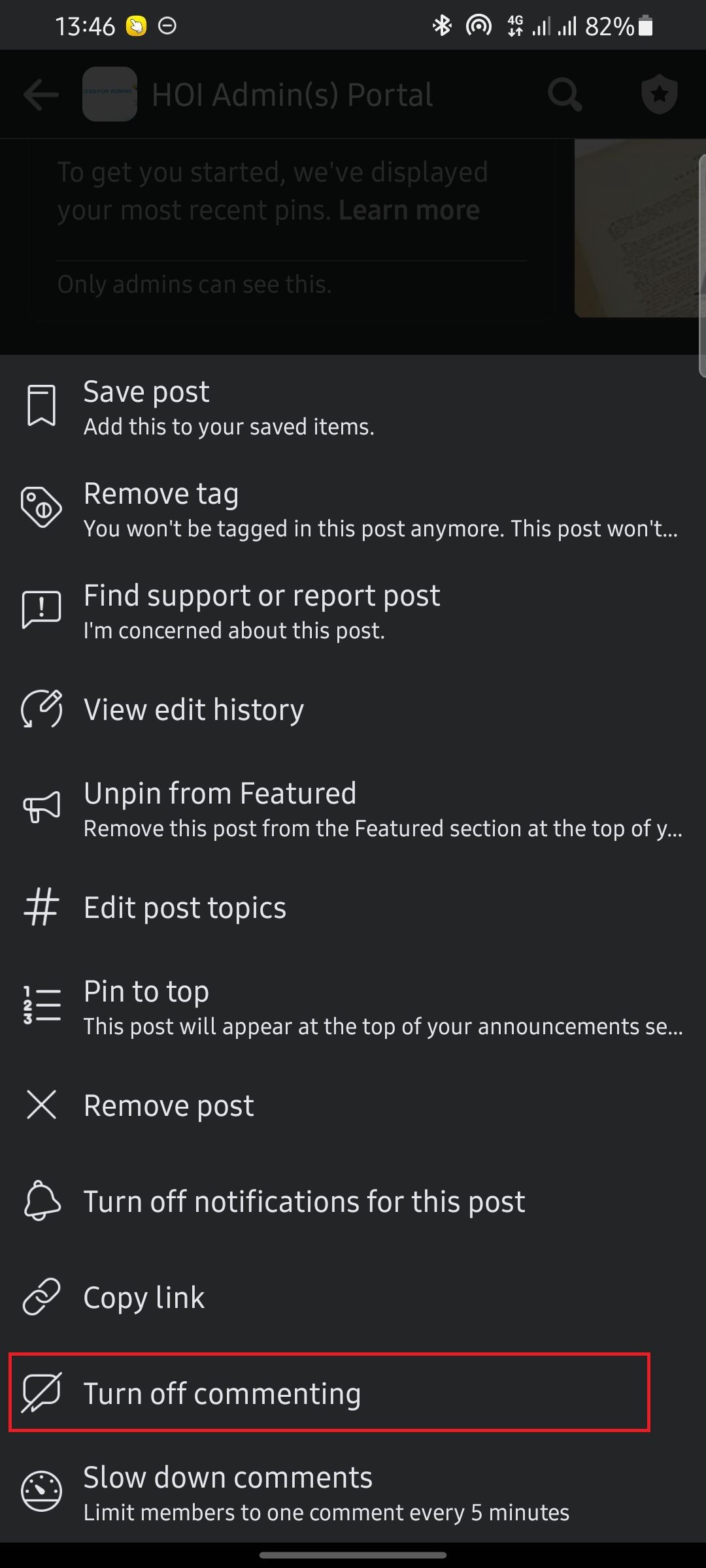screenshot showing how to turn off comments on facebook group