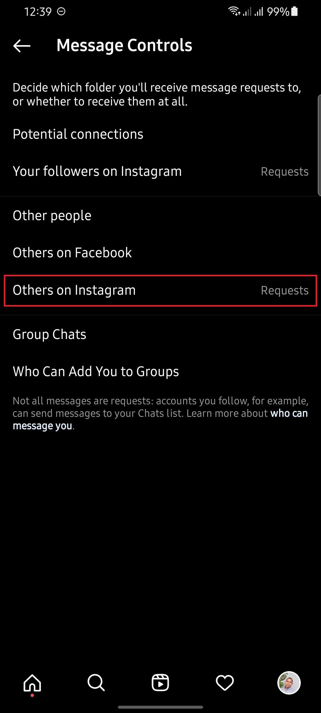 screenshot showing message controls page on Instagram