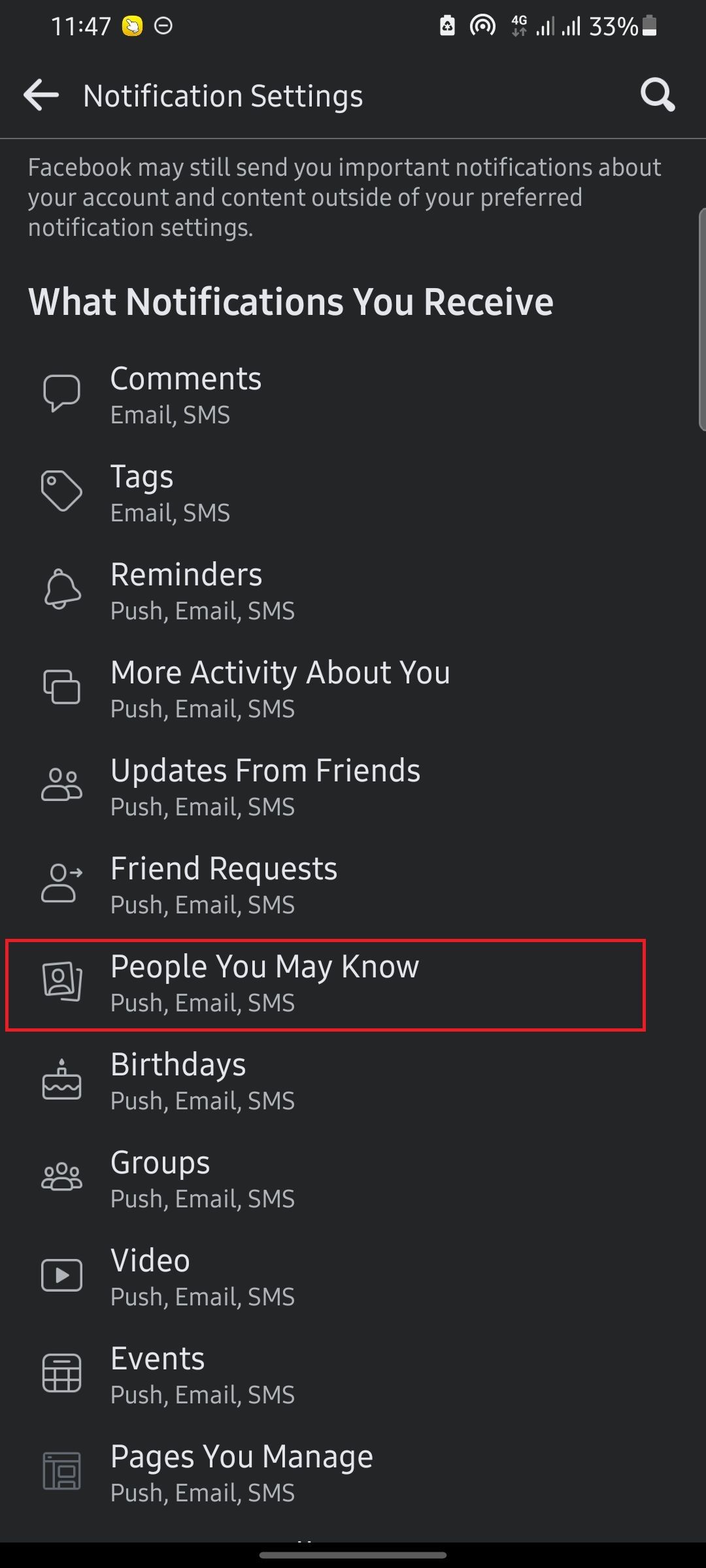 screenshot showing notification settings on facebook