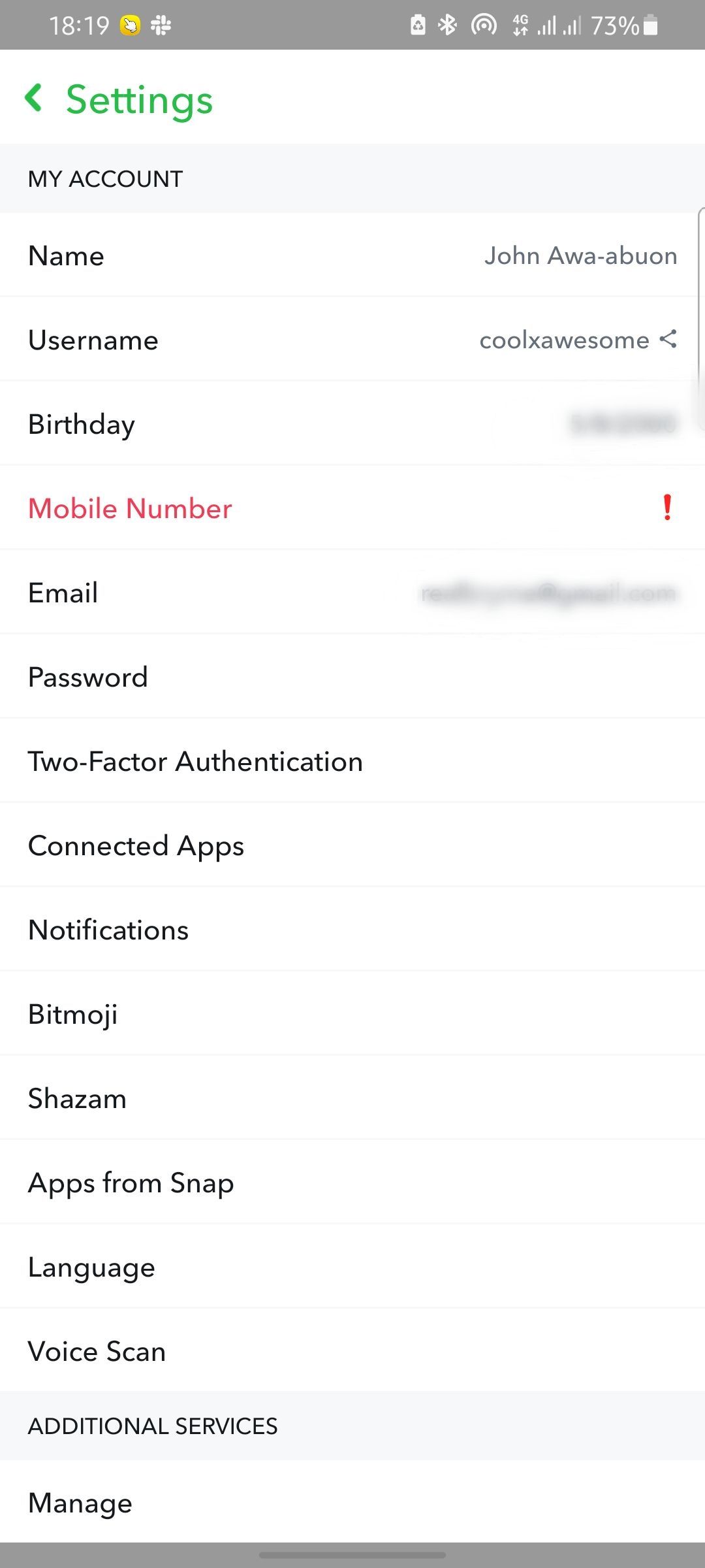 screenshot showing snapchat setting page
