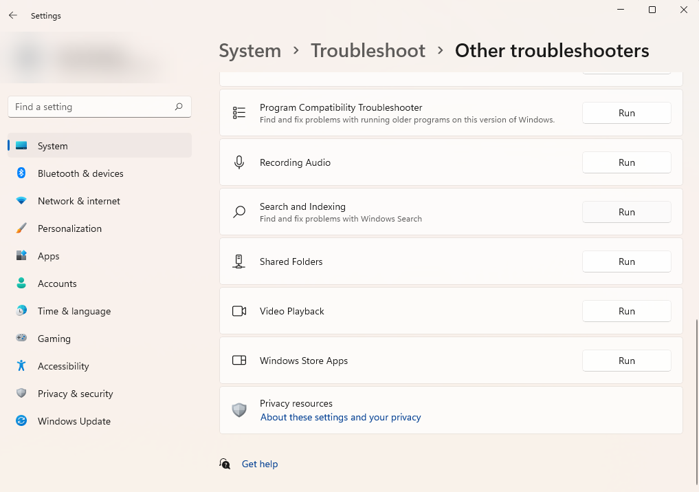 click on the run button to run the built-in troubleshooter for search issues in Windows