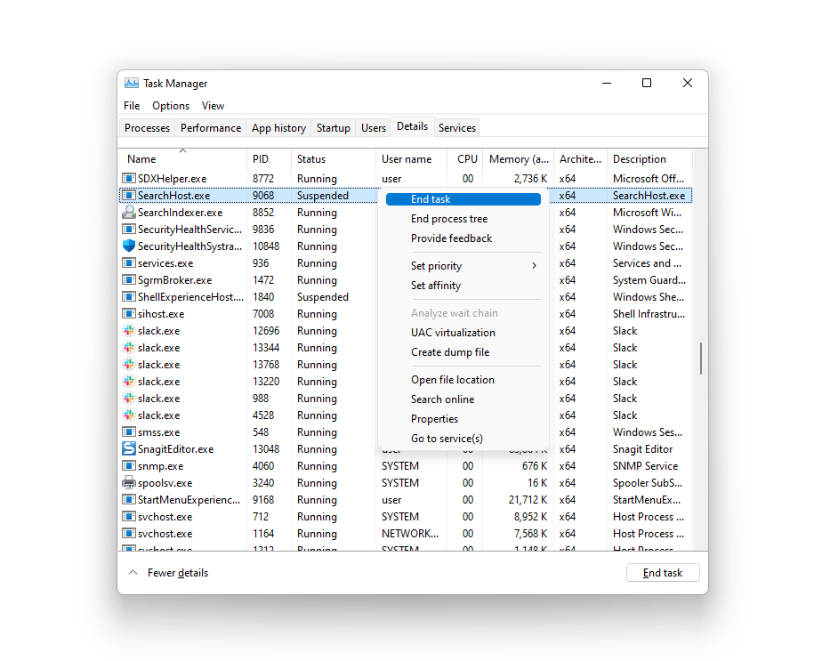 ending the searchhost.exe process from task manager to restart the process