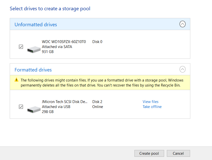 Selecting a drive for storage space