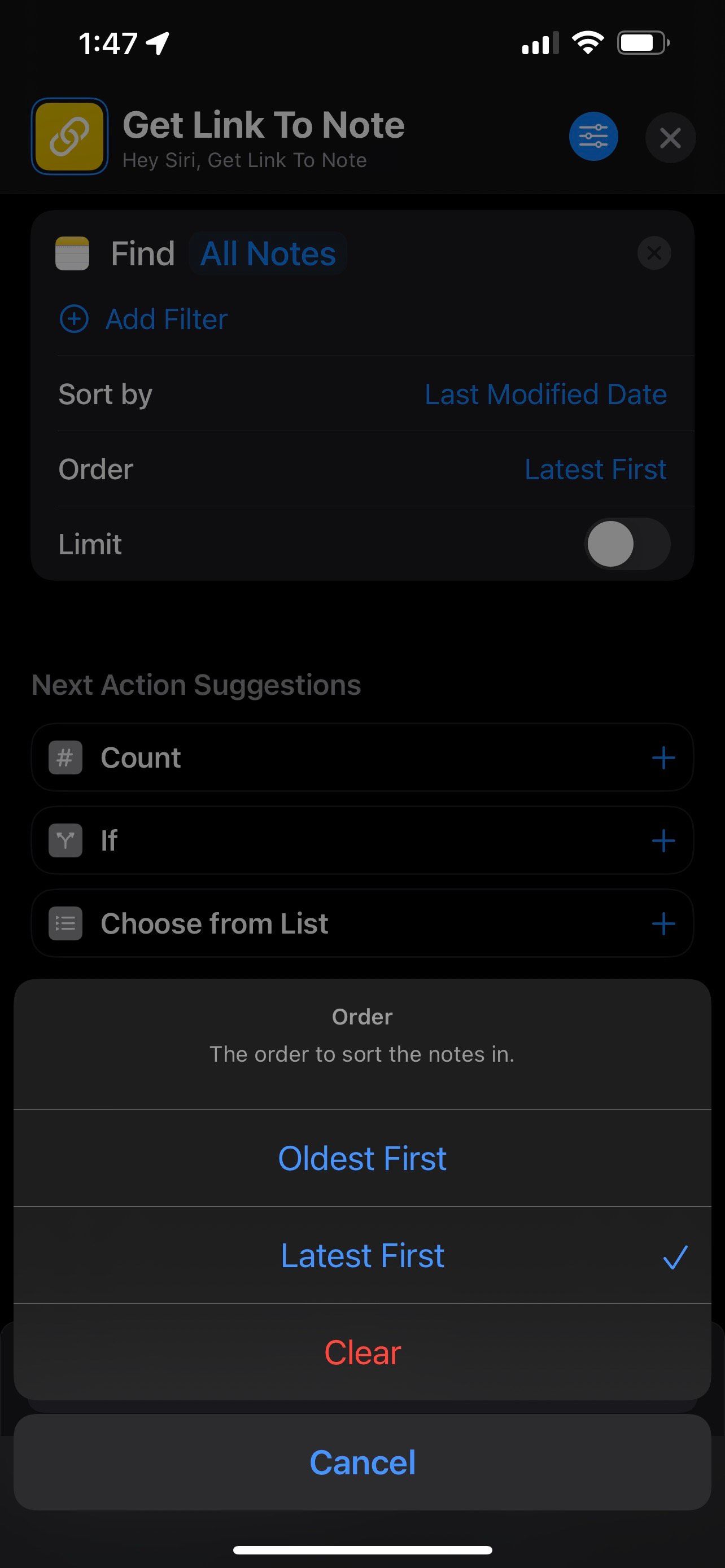 shortcut find notes sort order