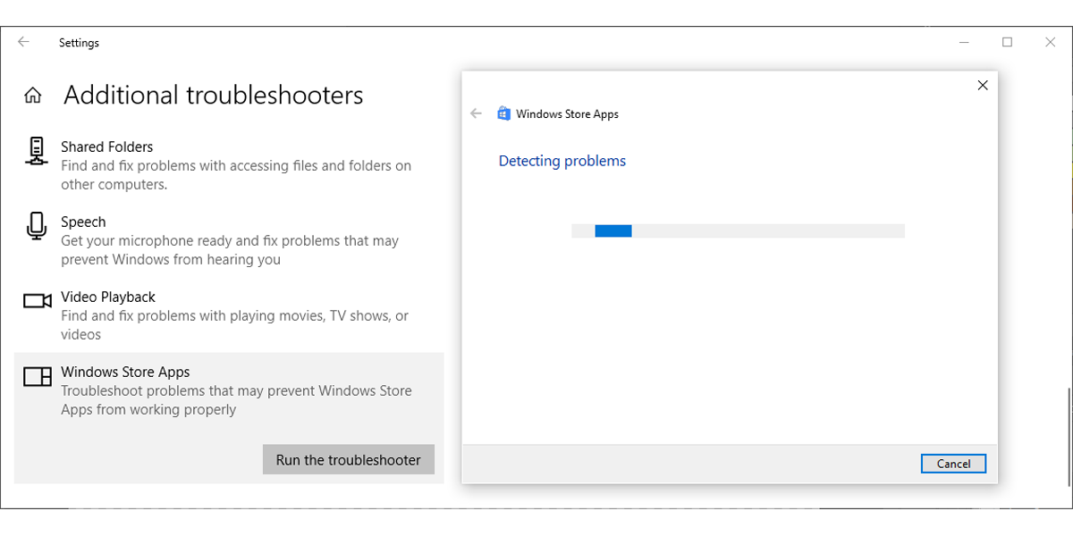 Running the Store Apps troubleshooter in Windows 10