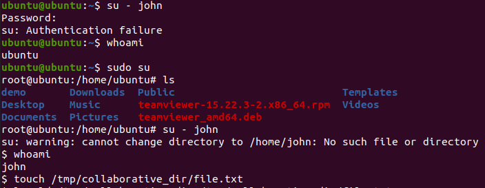 The su command to switch to the user john and an error that may occur.