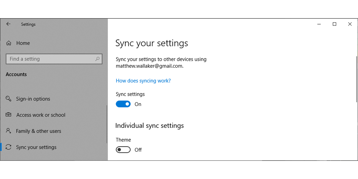 Sync settings in Windows 10.