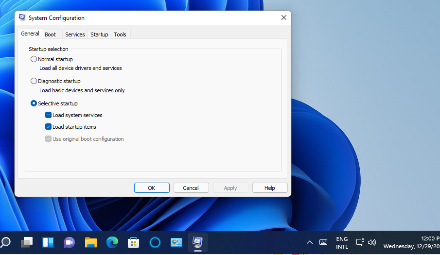 The System Configuration window and taskbar shortcut