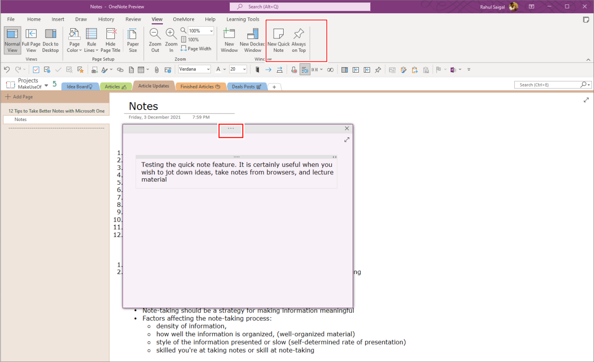taking quick notes with OneNote