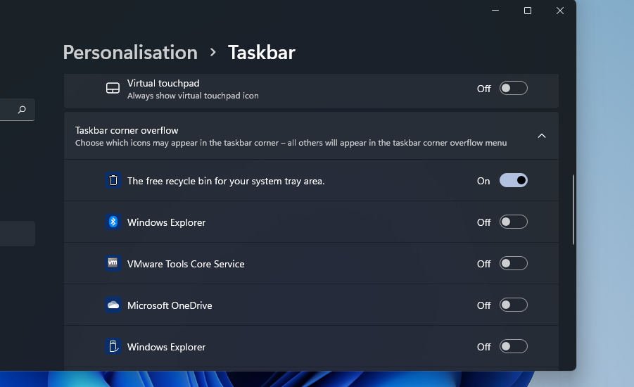 The taskbar corner overflow settings