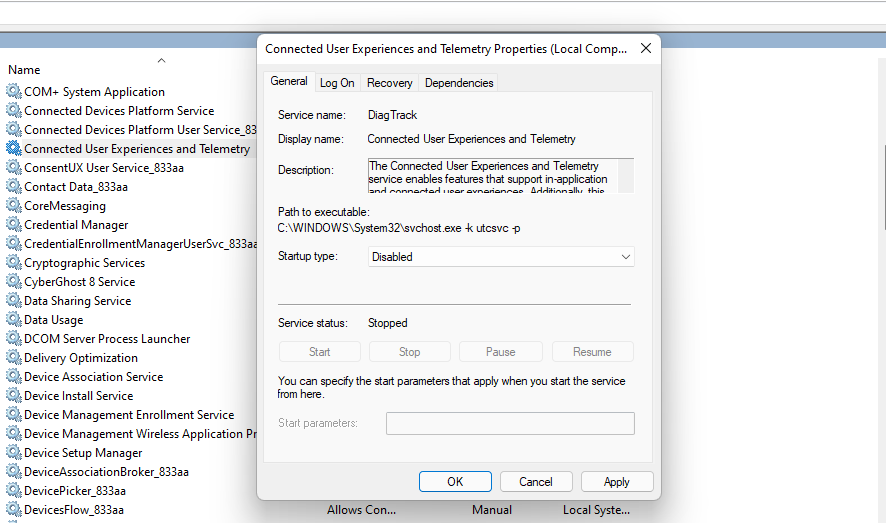 disabling the diagnostic data collection service from the services console
