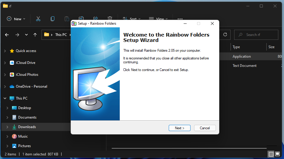 The Rainbow Folders setup window