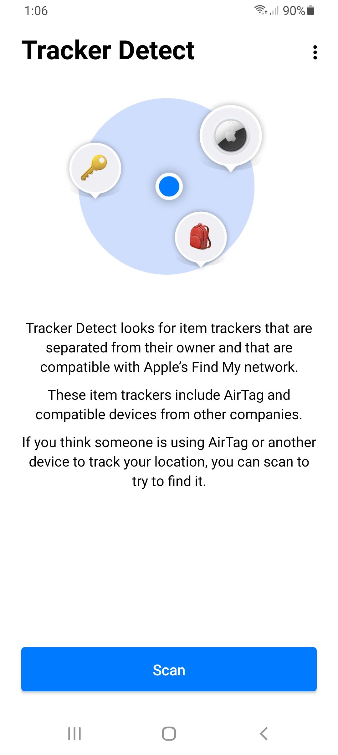 Tracker Detect main window with Scan button.