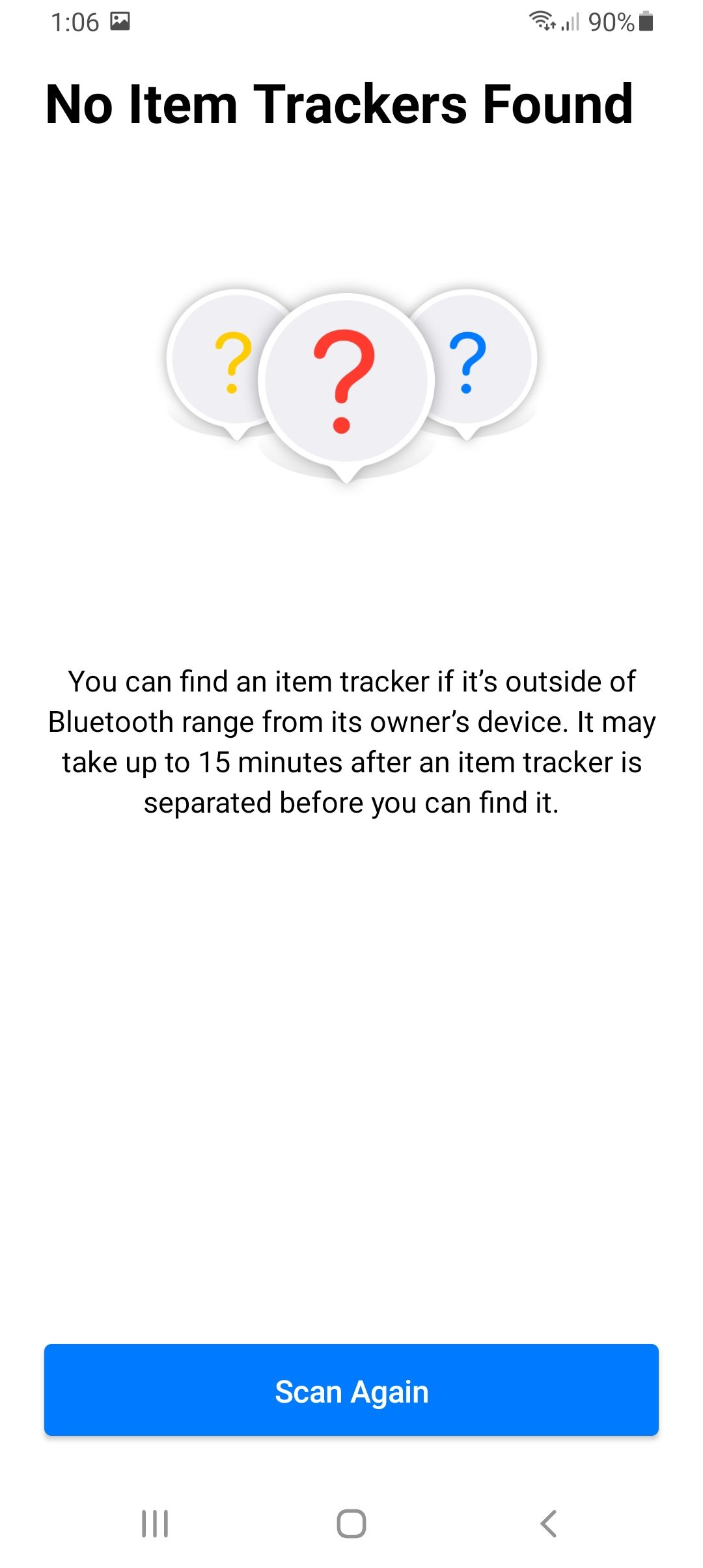 Tracker Detect post scan with on-screen information and Scan Again button.