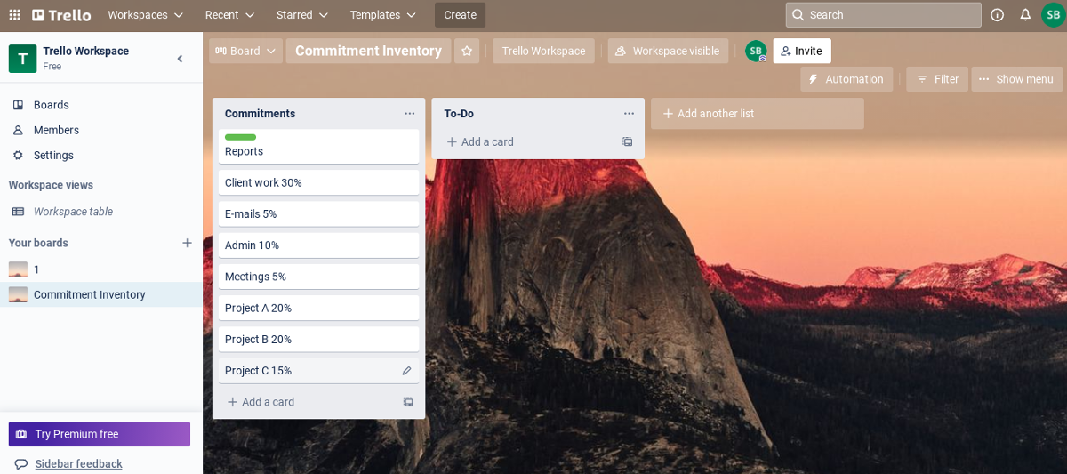 Screenshot of Commitment Inventory in Trello