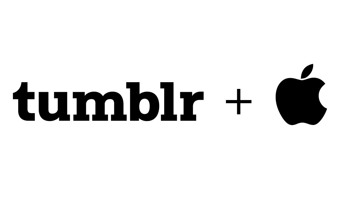 The Tumblr logo and the Apple logo over white.
