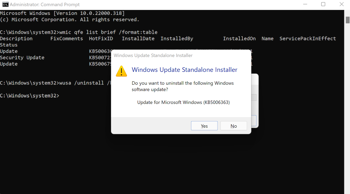 uninstalling an update with command prompt