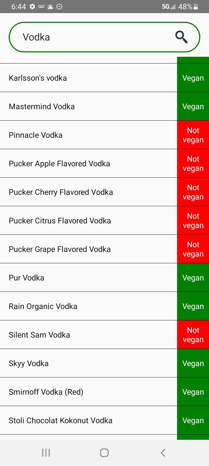Vegan vodka on the Vegaholic app.