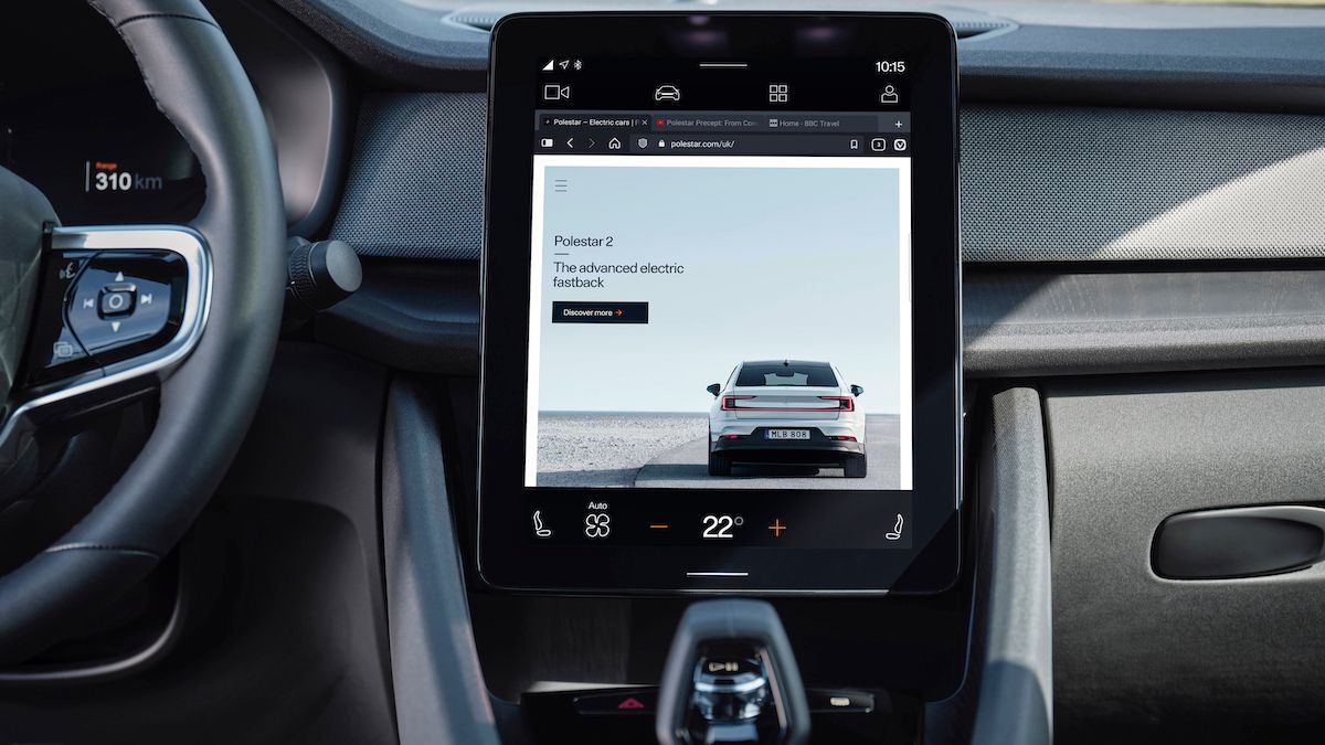 A tablet device using the Vivaldi web browser in a Polestar 2 car