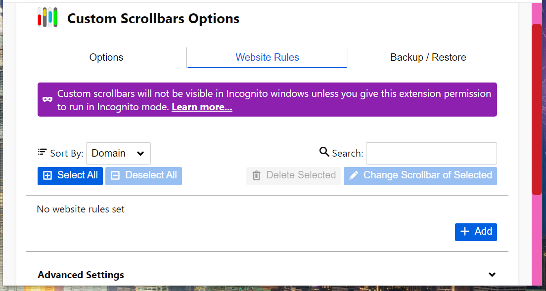 The Website Rules settings in Custom Scrollbar