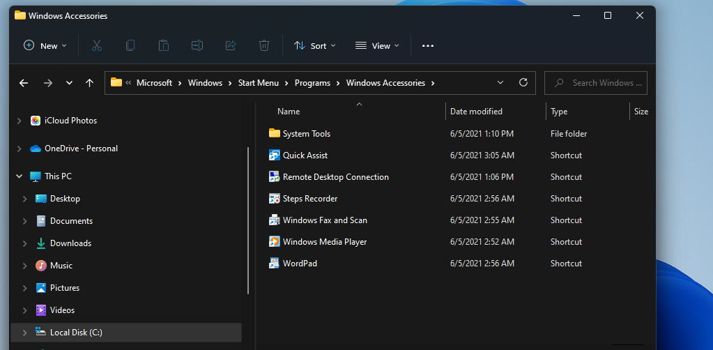 The Windows Accessories folder 