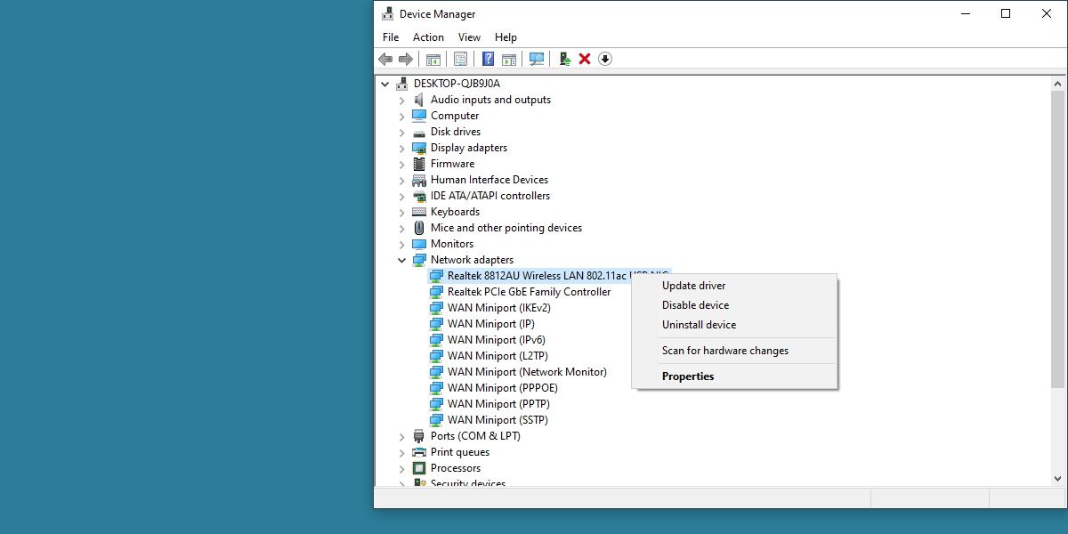 Screenshot of windows device manager right click menu