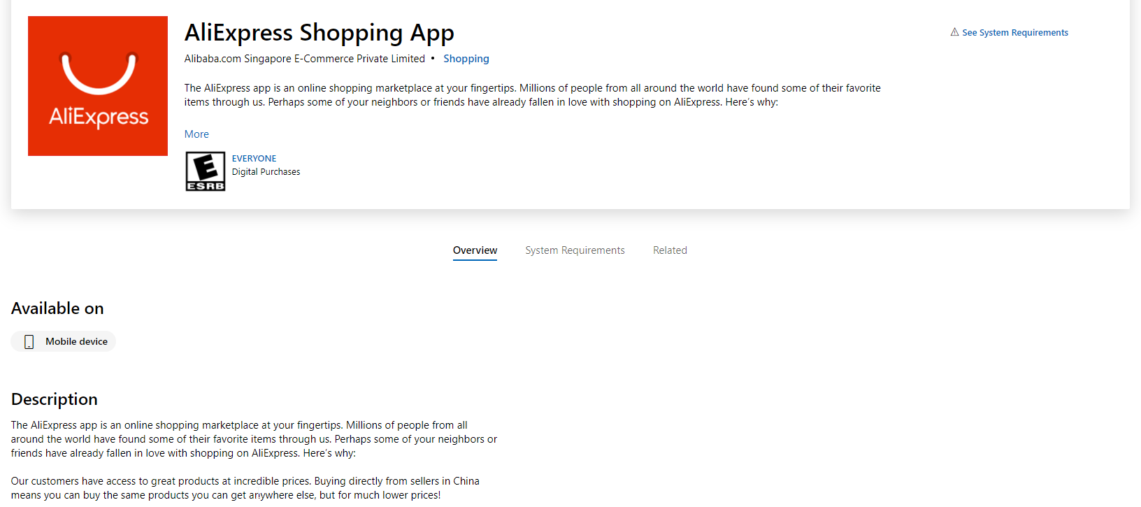 The AliExpress Windows shopping app