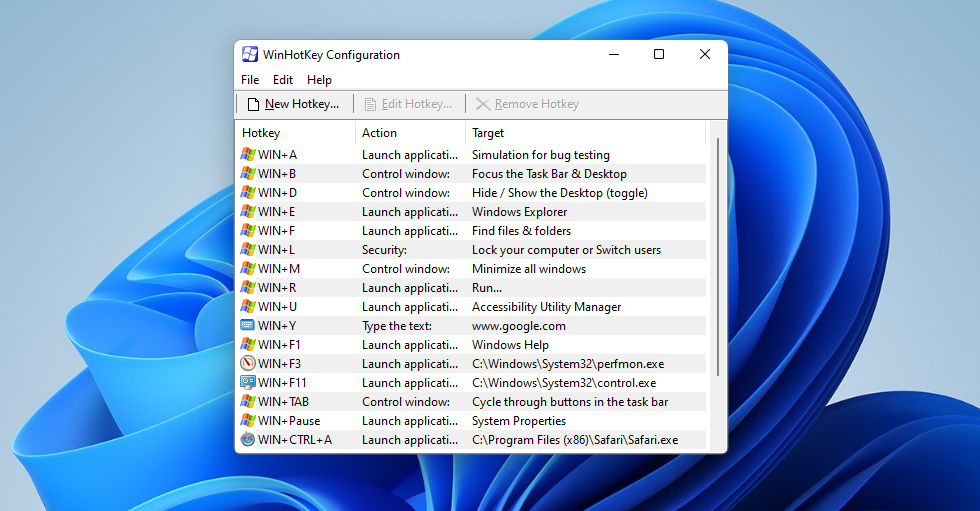 The WinHotKey Configuration window 