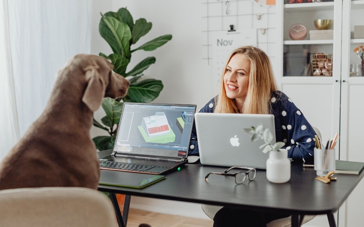 woman and dog in front of laptops 