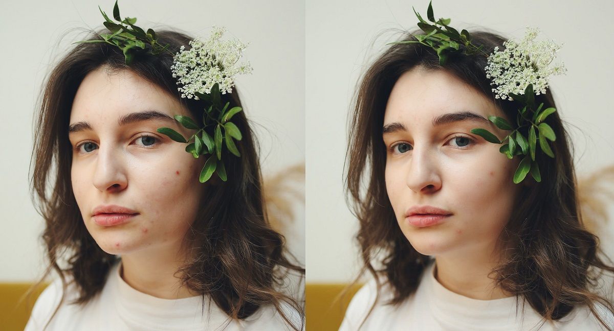 woman with flowers in hair - before and after
