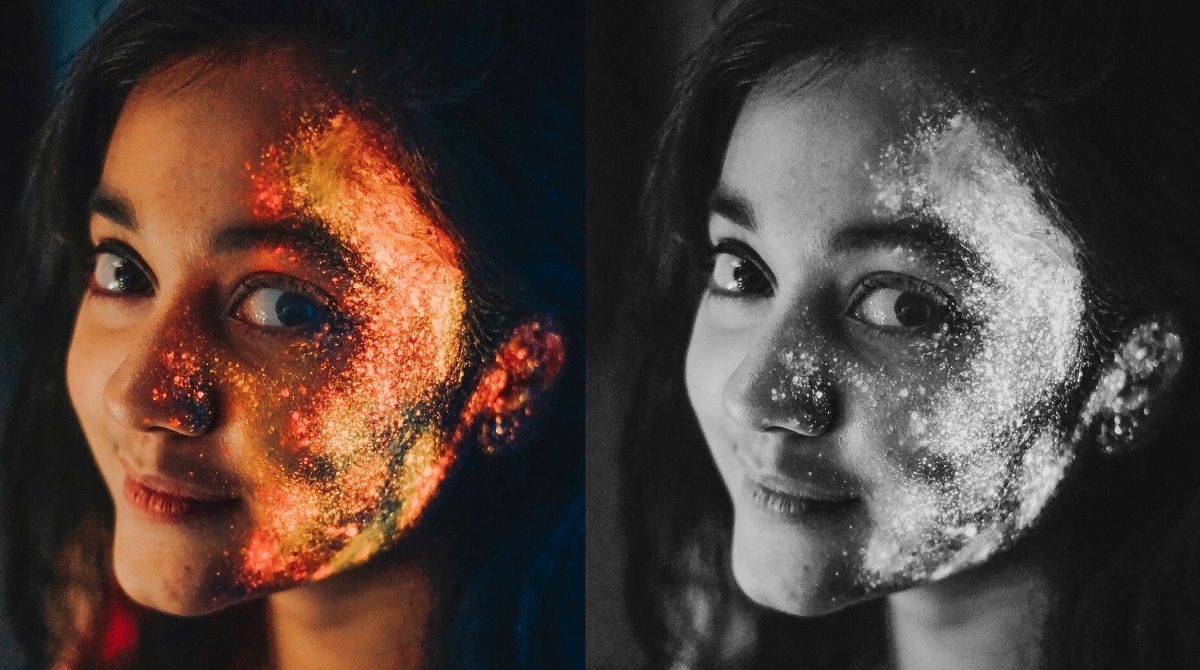 woman with glitter on face - before and after