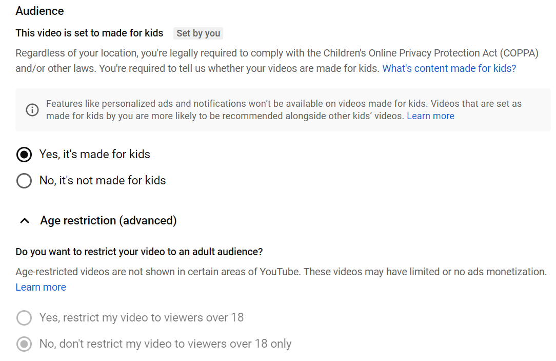 Choosing a COPPA audience on YouTube.