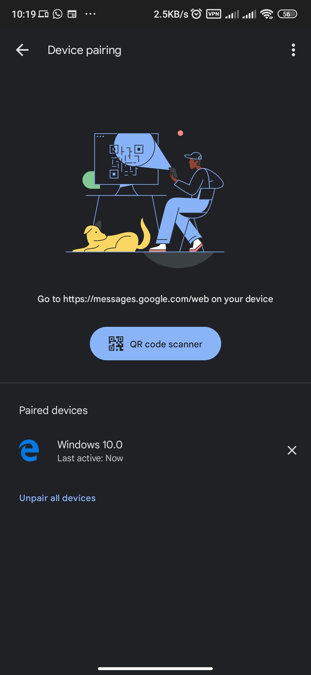 Device pairing section in Messages app