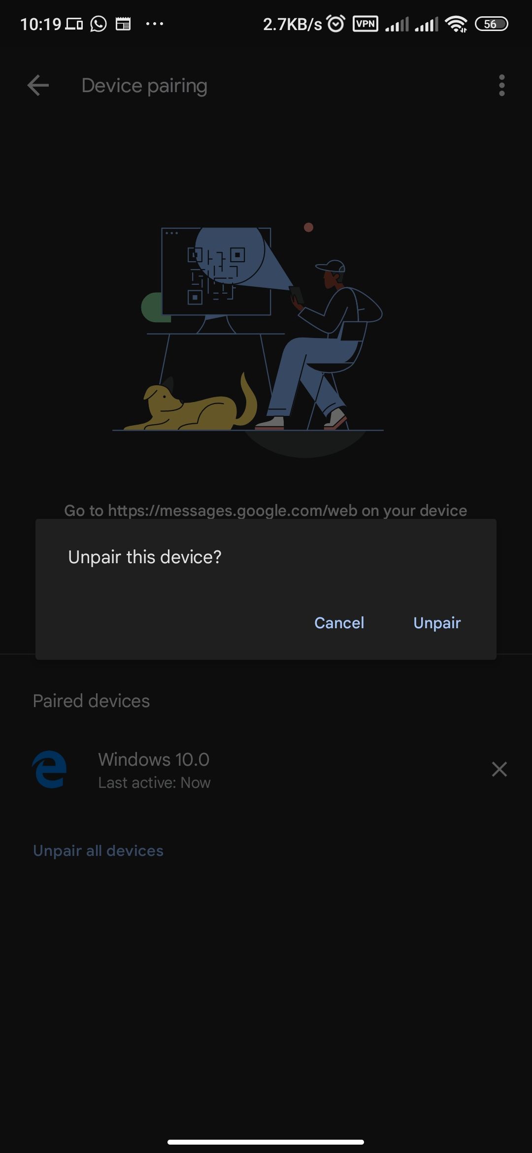 Unpairing a connected device in Google Messages 