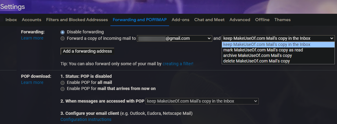 Gmail Forwarding Settings
