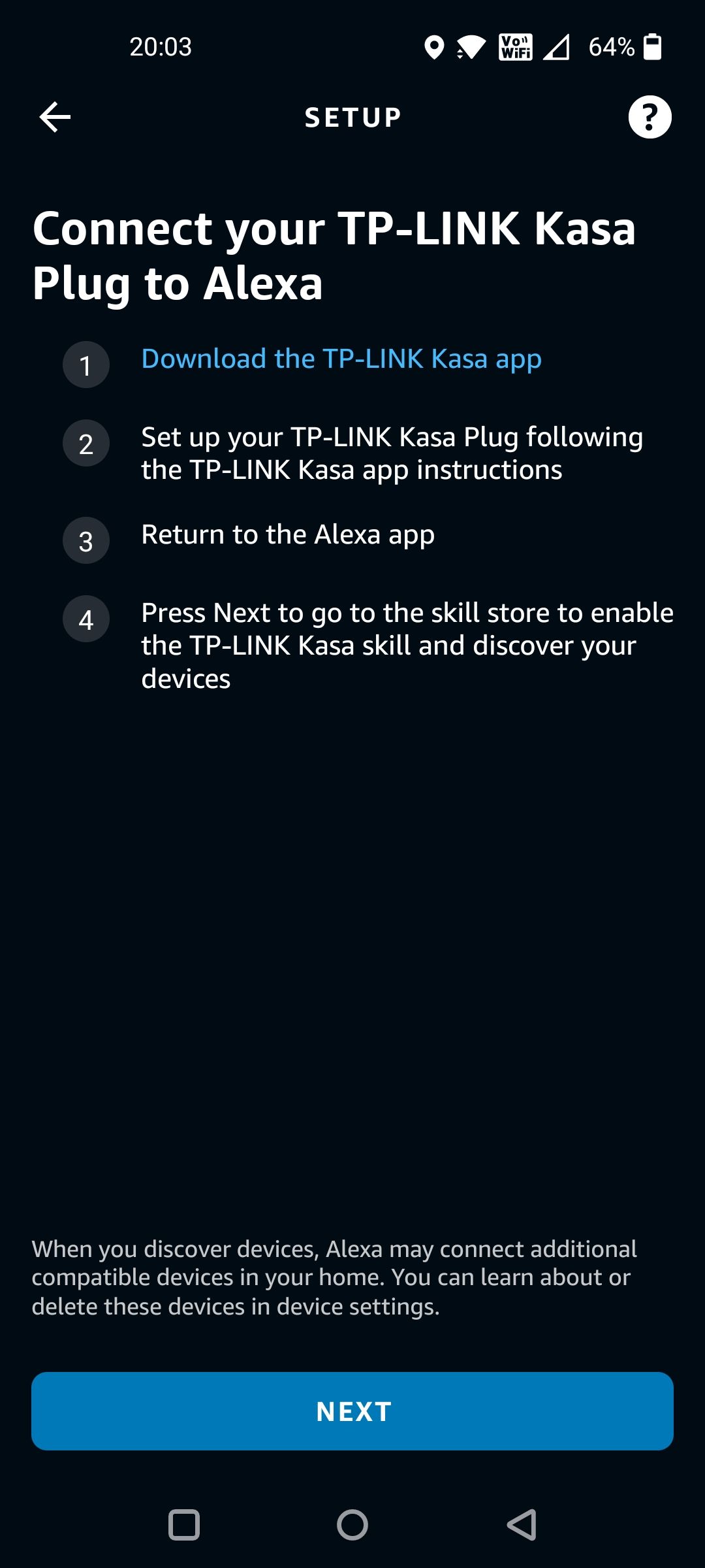 Kasa Smart Plug Setup Page on Alexa App
