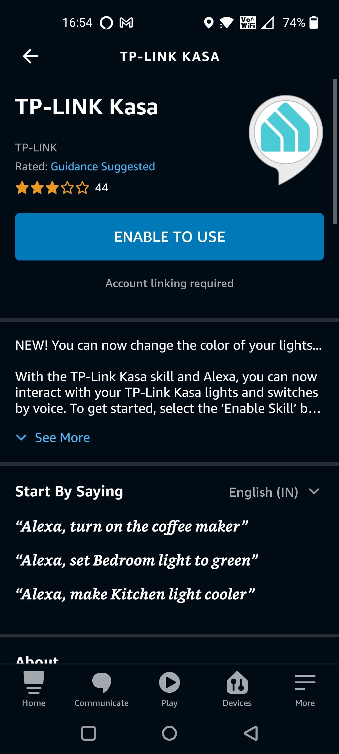 Kasa Smart Plug Skill Page on Alexa App