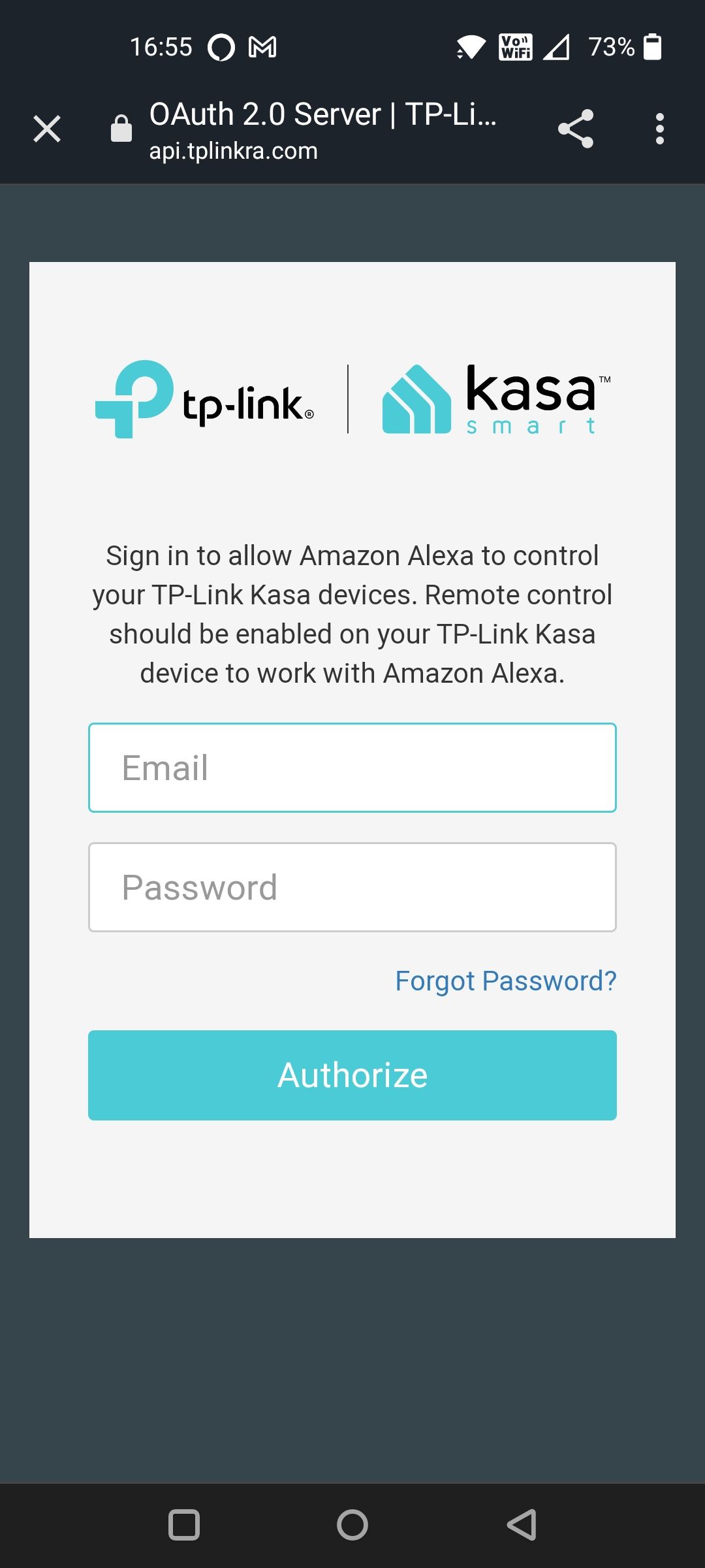 Kasa Smart Plug Authorization Page to Link Account with Alexa