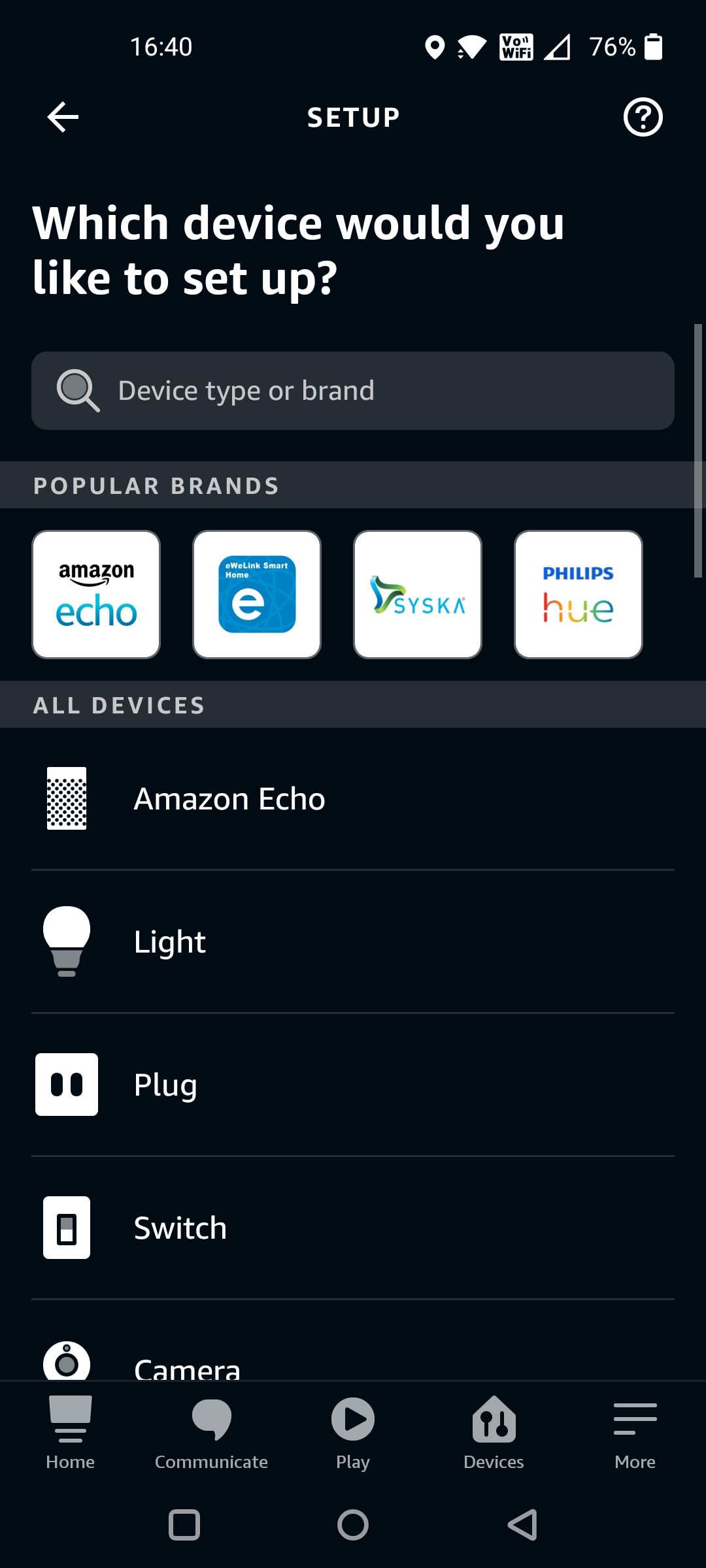 Setup Page to Choose Device on Alexa App