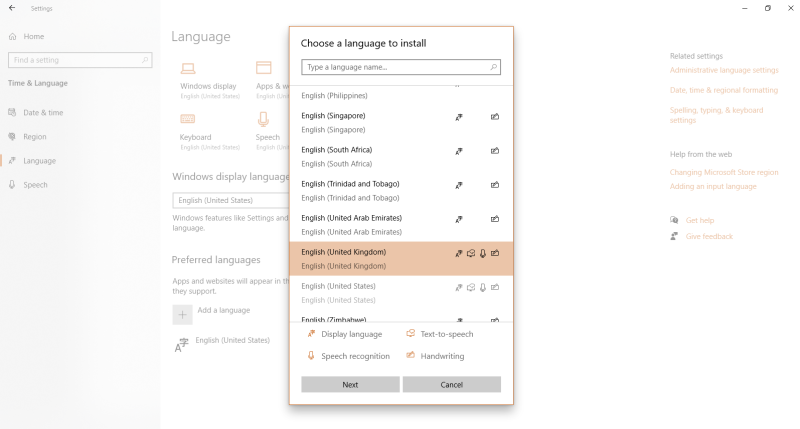 Language Packs Win 10 search or scroll select language click Next