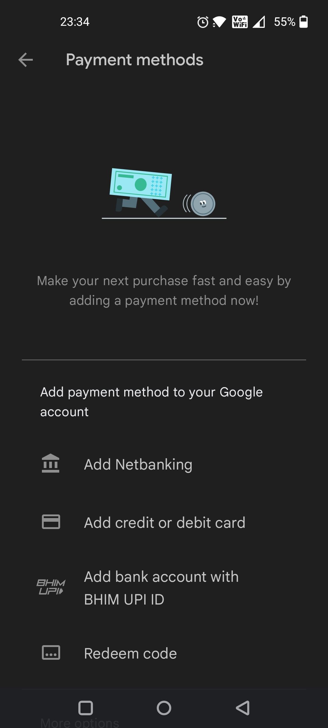 Choose and Add Google Play Payment Method