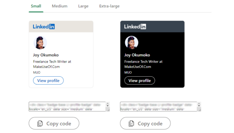 LinkedIn profile badge click Copy code